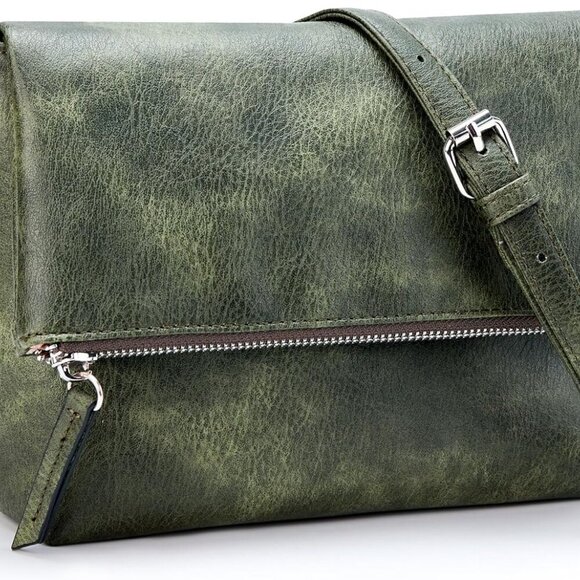 Olive Green Vintage Vegan Leather Crossbody Bag with Multiple Pockets and Adjust - Picture 1 of 8